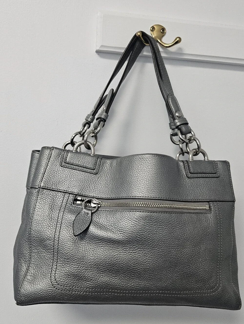 Coach Penelope Carryall Metallic Silver Gunmetal Pebbled Leather Tote F16531